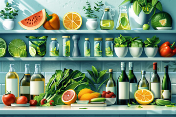 Painting of Fruits and Vegetables on a Shelf