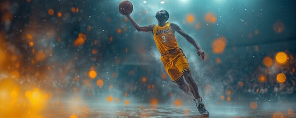 Basketball player in action on fiery court