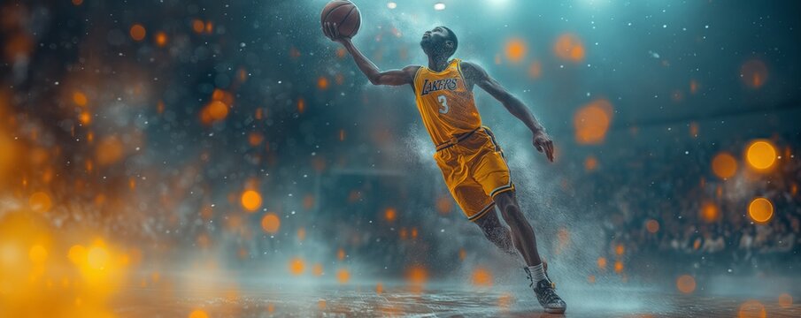 Basketball player in action on fiery court