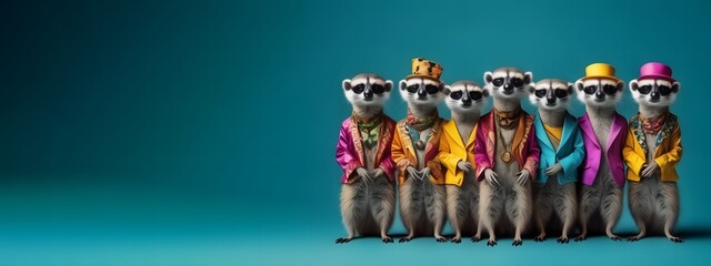 Meerkat in a group wearing sunglass shade glasses isolated on gradient background, commercial, advertisement, Creative animal concept with copy space