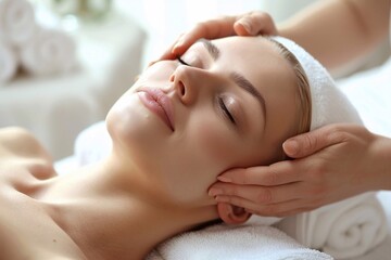 A radiant and relaxed blonde woman enjoying a rejuvenating massage treatment at a luxurious spa salon