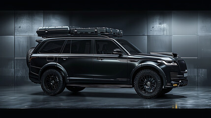 Expensive family SUV with Luggage box mounted on the roof, Extra Capacity for the Road, Black SUV with Roof Rack