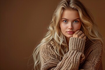 A stunning blonde woman showcasing casual elegance in a cozy knitted sweater against a warm brown background, captured in a fashionable beauty portrait.