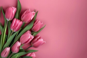 Naklejka premium A delightful arrangement: a bouquet of pink tulips elegantly positioned on the left side against a soft pink background, leaving ample space on the right for personalized text or messages