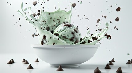 Minty Delight Refreshing Mint Chocolate Chip Ice Cream Splash in Bowl