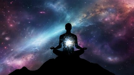 Serene Meditation Under Starry Night Sky on Mountain Summit at Dusk