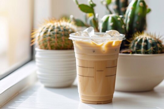 A detailed scene: close-up of a take-away plastic cup of iced coffee latte on a white table, accompanied by a potted cactus