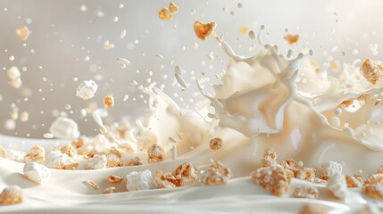 Morning Magic Milk Splash and Cereal Dance Vibrant Breakfast Scene with Dynamic Motion and Whimsical Charm