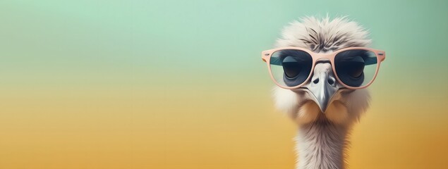 Ostrich bird in sunglass shade glasses isolated on gradient background, commercial, advertisement, Creative animal concept with copy space