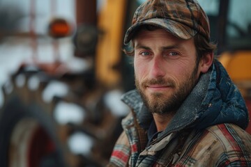 Close-up portrait of a rugged man with a beard wearing a hat in front of a tractor during winter,...