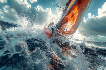 Intense close-up of a yacht battling high waves with water splashing