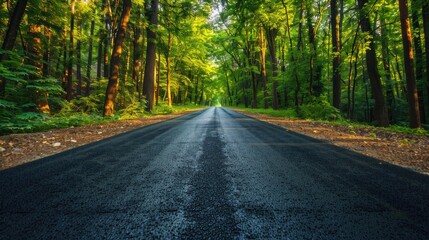 Obraz premium A road with trees on both sides and a clear blue sky. The road is empty and the trees are lush and green