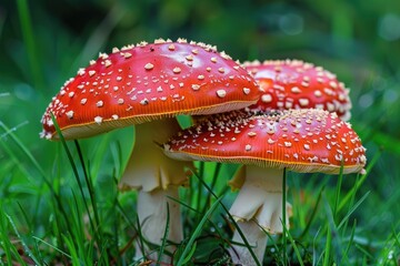 Three red mushrooms with white spots on them. The mushrooms are in a field of grass. The mushrooms are very close to each other