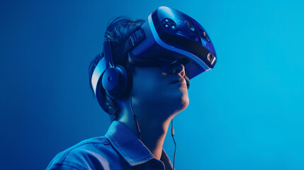 Young asian man looking in VR virtual reality goggles on the blue isolated background. Futuristic lifestyle. Theme of technology, AI, fantasy and playing people. Metaverse technology concept.