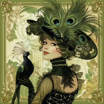 Vintage illustrated portrait of a woman from belle epoque era.