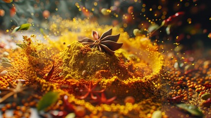 Spice Symphony Vibrant Turmeric Saffron and Cardamom Blend in a Colorful Dance of Flavors Perfect for Ethnic Cuisine and Food Photography