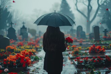 Surrounded by vibrant red flowers and enveloped in mist, a lone figure stands in the cemetery with a contemplative demeanor