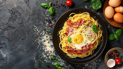 Top View of Classic Italian Carbonara Pasta with Bacon, Cheese, and Egg Yolks. Generative Ai