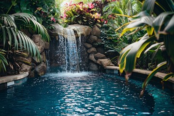 Tranquil backyard waterfall cascading into a serene blue pool surrounded by lush greenery