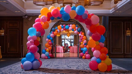 Festive balloon arches framing the entrance, signaling the start of a joyous celebration filled...