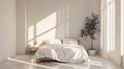 A minimalist bedroom with a platform bed, crisp white linens, and minimalistic decor, creating a serene and inviting atmosphere.