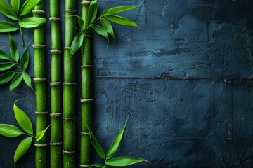 An orderly arrangement of green bamboo stems with leaves on a deep blue textured surface, embodying serenity