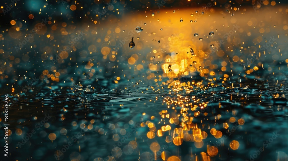 Poster a blurry image of raindrops on a surface with a yellowish hue. the image has a dreamy, ethereal qual