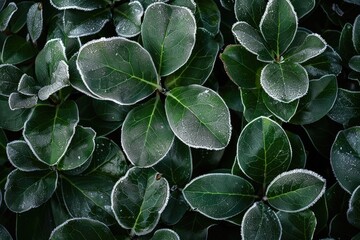 Fototapeta premium A close up of a leafy plant with frost on it. The image has a serene and peaceful mood, as the frost on the leaves gives the impression of a calm and quiet moment in nature