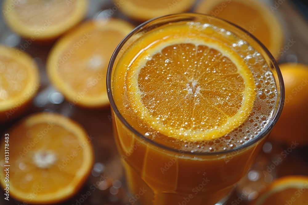 Poster a vibrant close-up showing a sparkling orange juice with a floating slice of orange, emphasizing fre