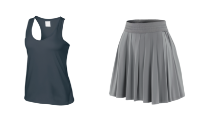 Cut out tennis wear set. Tennis Equipment png Set. Set of tennis skirt and top isolated on transparent background. 