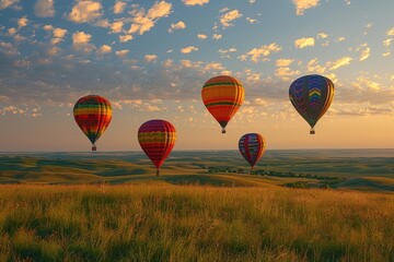 Obraz premium Four hot air balloons are flying in the sky over a grassy field. The sky is clear and the sun is setting, creating a warm and peaceful atmosphere