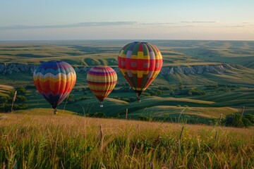 Fototapeta premium Three hot air balloons are flying over a grassy field. The sky is clear and the sun is setting, creating a warm and peaceful atmosphere