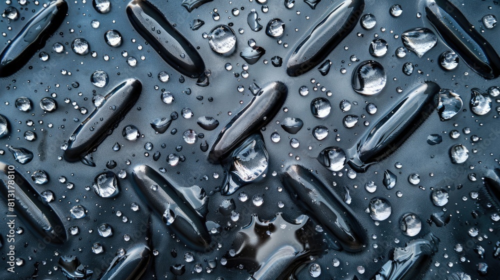 Poster the image is of a metal surface with water droplets on it. the droplets are scattered all over the s