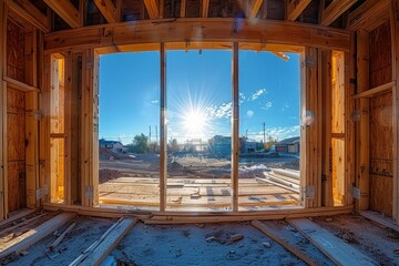 A sunrise seen through the window frame of an unfinished building, with construction materials