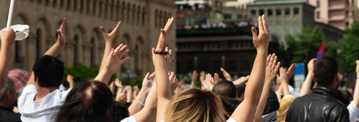 Protest in the city, crowd of people at the rally, social concept, stock photo