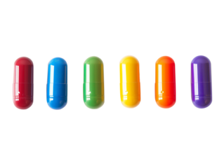 Multi-colored pills lie in a row isolated on a transparent background. Drugs are arranged in a row
