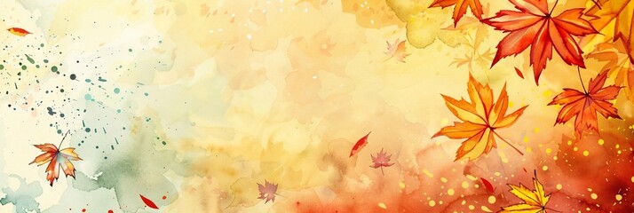Vibrant watercolor art captures the essence of autumn with a stunning abstract background adorned with graceful maple leaves. Perfect for seasonal designs, invitations, and artistic projects banner