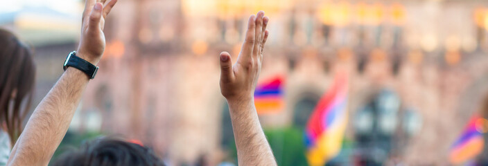 Protest in the city, crowd of people at the rally, social concept, stock photo