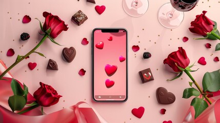 Love in the Digital Age Romantic Dating App Scene with Roses Chocolates and Wine Glass