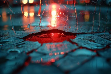 Red hues and streetlight reflections mix on a wet urban road with scattered glass from a break-in