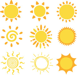 Pixel perfect icon set of cute cartoon style sunlight shapes, sun, light, heat, hot weather, solar power, yellow colour. Thin line icons, flat vector illustrations, isolated on transparent background