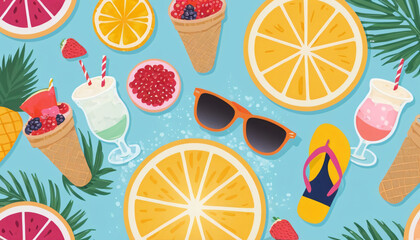 summer background beach elements fruits and ice cream background