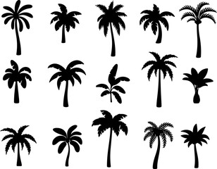 Pixel perfect icon set of tropical palm tree plant silhouette summer beach. Thin line icons flat vector illustrations isolated on white and transparent background	
