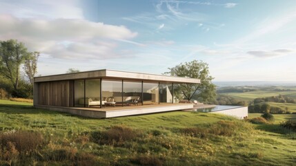 Obraz premium A minimalist-style countryside retreat with a modular design, sustainable materials, and panoramic views of the surrounding landscape.