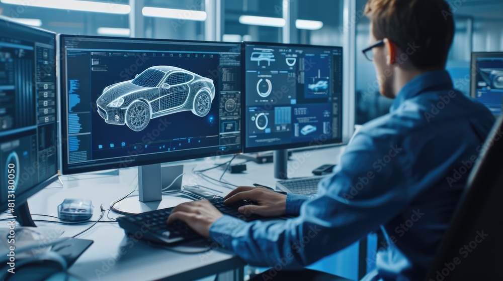 Poster a man sits at a desk with two computer monitors, using a personal computer and peripherals for engin