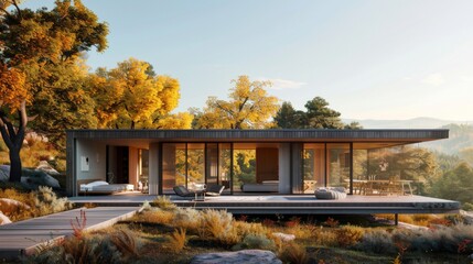 A minimalist-style countryside retreat with a modular design, sustainable materials, and panoramic views of the surrounding landscape.