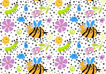 Cartoon summer print seamless bee and flower and sun and clouds and peace sign
