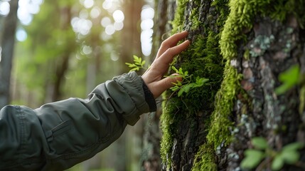Hand delicately touching moss on a large tree trunk, reflecting a profound connection with nature and environmental responsibility