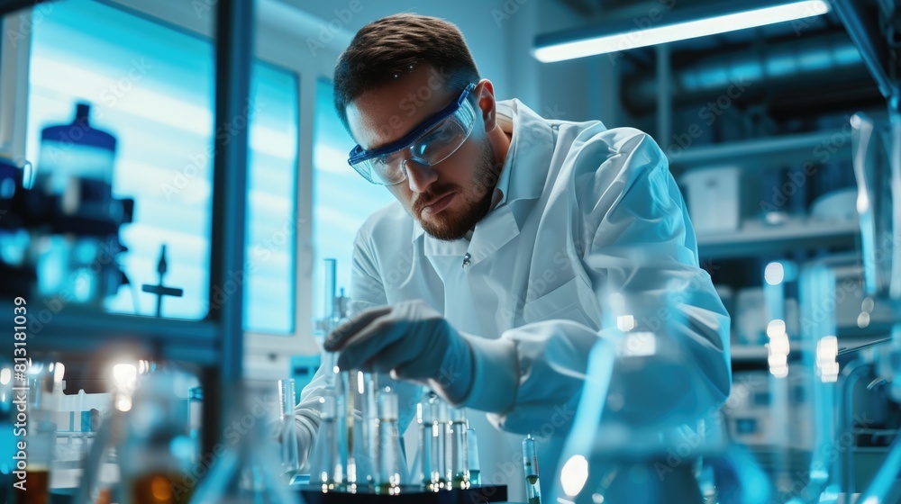 Poster an engineer is conducting experiments in a science lab, wearing a lab coat. aig41