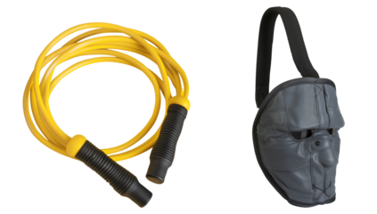 Cut out Boxing set. Boxing Equipment Set. Set of jump rope and bag mask isolated on transparent background. 